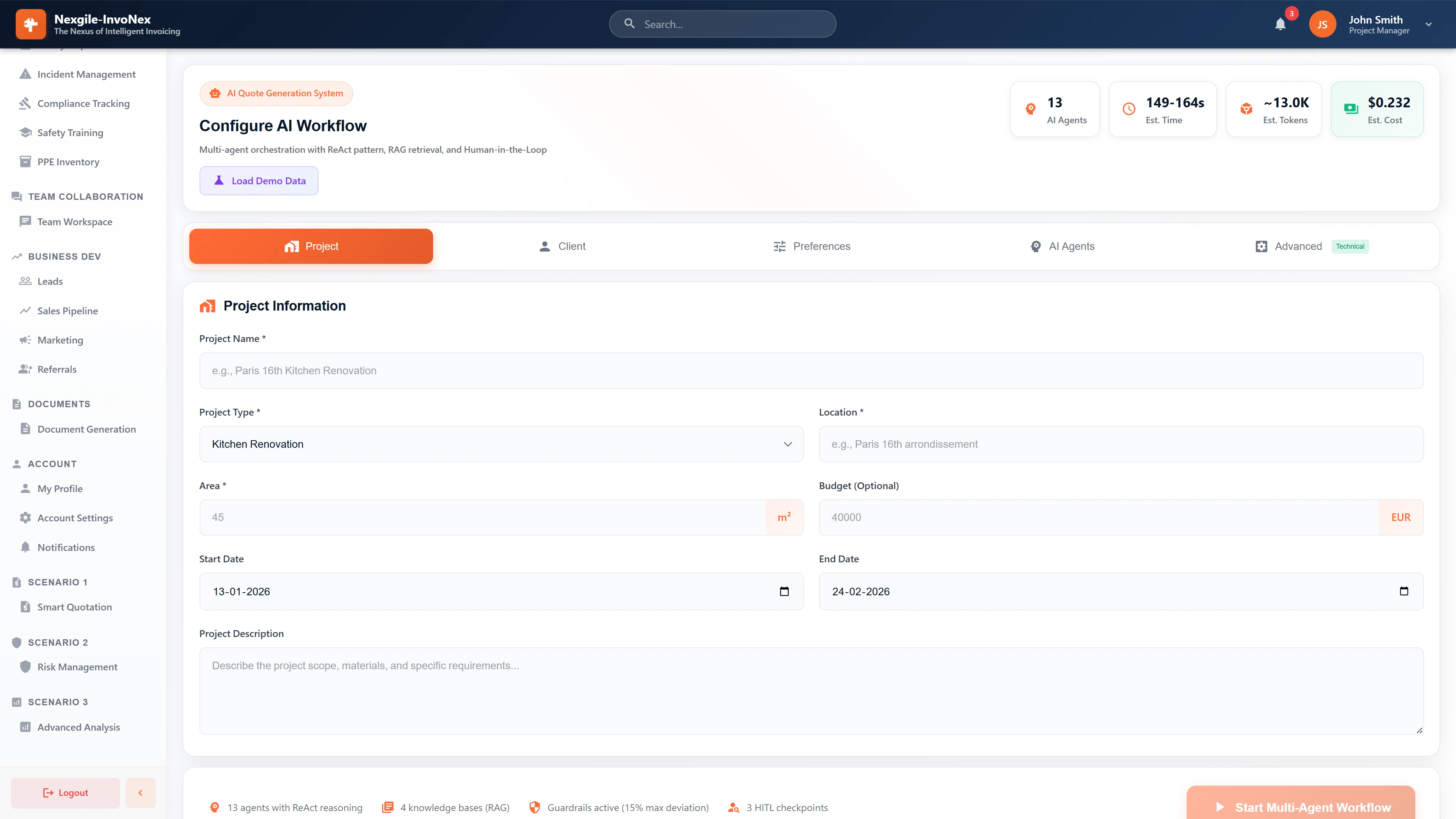 Configure AI Workflow - Project input form with fields for name, type, location, budget, and dates. Tabs for Project, Client, Preferences, and AI Agents configuration.